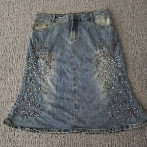 Vintage Mango Beaded Denim Skirt Y2K Fairy Boho Festival A Line Size 12